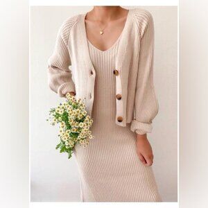Luca + Grae Dress & Cardigan Sweater Ribbed Body-con Set Tan Size Medium